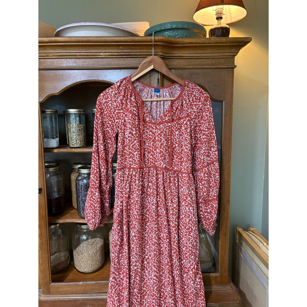 S Tall Red Floral Cottage Core Granny Core Feminine Dress